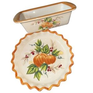 MESA Intl ceramic stoneware dishes pie plate & loaf pan autumn pumpkin